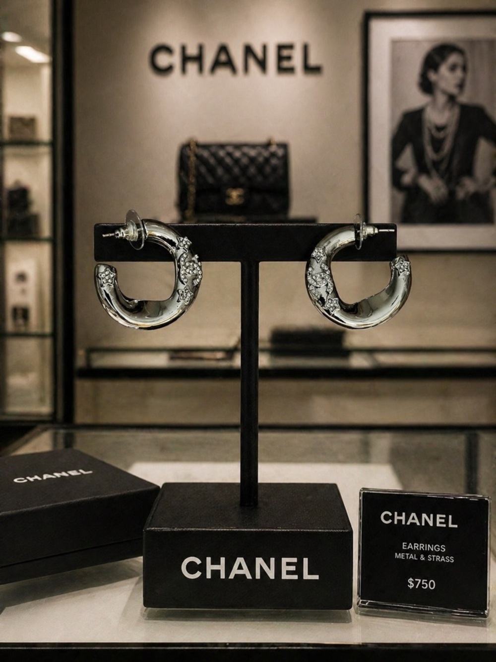 CHANEL Silver-Tone Crystal Embellished Hoop Earrings